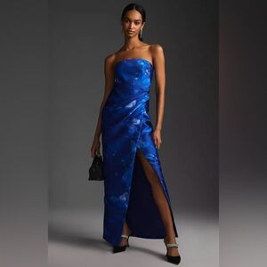 ML Monique Lhuillier Royal Blue Floral Strapless Gown Size 4